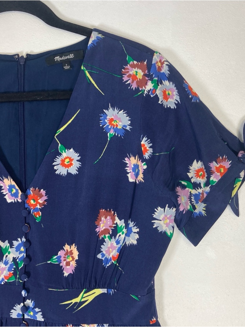 Madewell 100% Silk Navy Blue Floral V-Neck Babydoll Short Sleeve Mini Dress Sz 2 - Picture 3 of 16